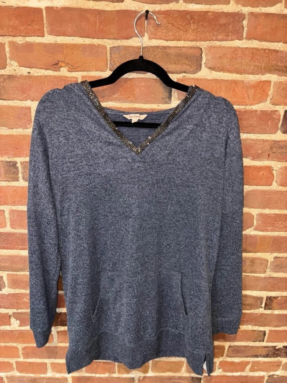 Juicy Couture Hoodie Women M Blue Pullover V-Neck Rhinestone
